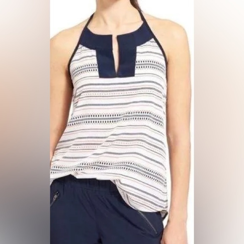 Athleta Coastal Dunes Multicolor Geometric Print Split‎ Neck Tassel Tie Back Top